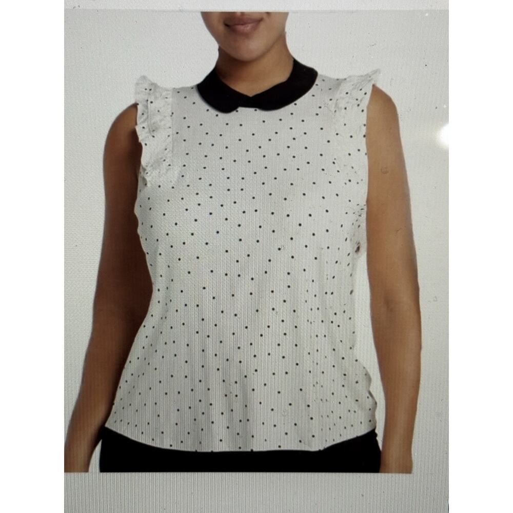 CeCe White With Black Dots Ruffled Sleeveless Black Collar